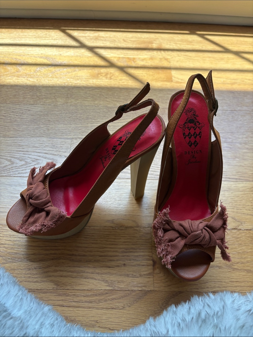 Jacob Brown Slingback Heels with Pink Insole and Frayed Bow
